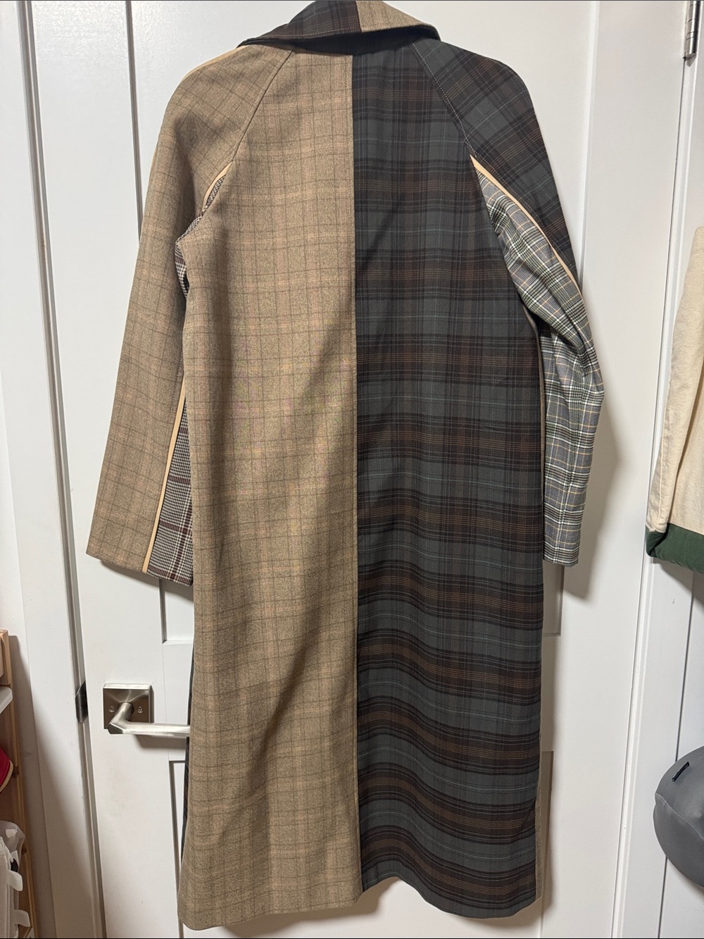 BDG Patchwork Plaid Trench Coat in Brown and Gray - Picture 2 of 5